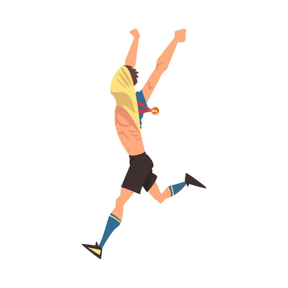 Happy Sportsman Running with Medal, Male Athlete in Uniform Celebrating His Victory Illustration vector