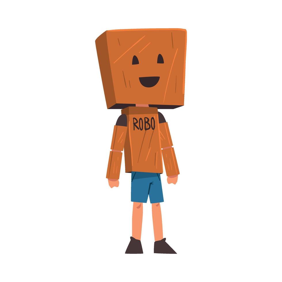 Boy Playing Robot with Cardboard Box on his Head, Cute Kid Playing Dress Up Game Cartoon Illustration vector