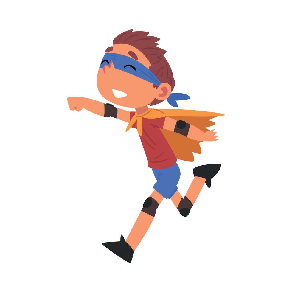 Smiling Boy Running Wearing Superhero Costume, Cute Kid Playing Dress Up Game Cartoon Illustration vector