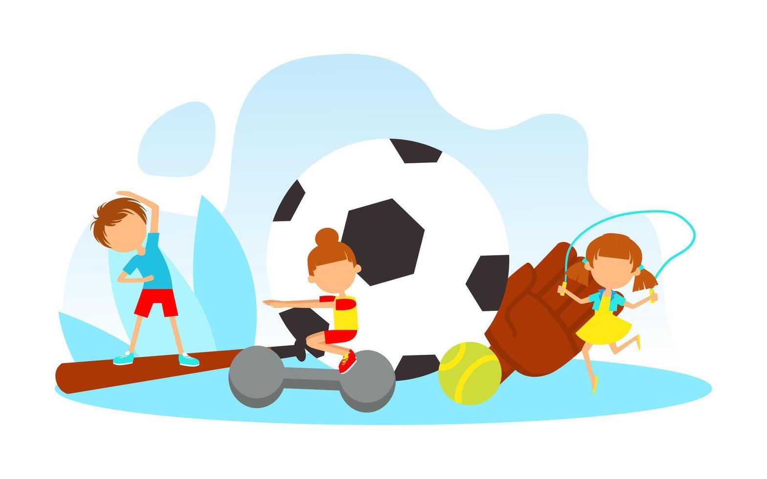 Cute Tiny Children Doing Physical Exercises with Huge Sports Equipment Illustration vector