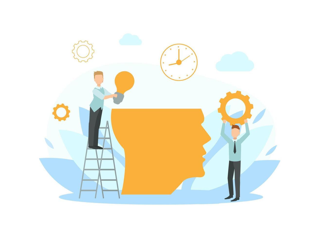 Tiny Business People Working Together Putting Ideas in Human Head, Creative Ideas, Collaborating, Solving Problems, Brainstorming Illustration vector