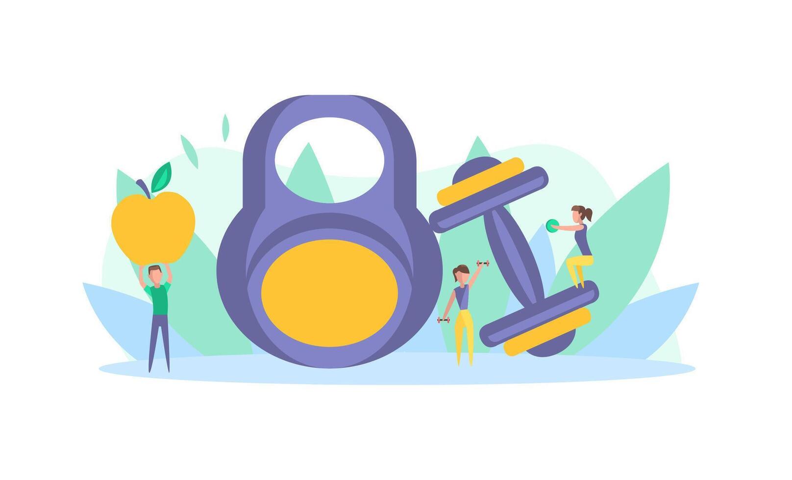 Tiny People Doing Exercises with Big Sports Equipment, Healthy Lifestyle Illustration vector