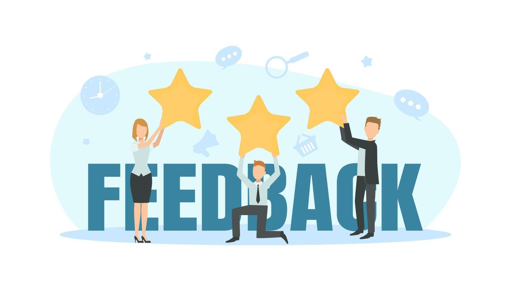 Tiny People Evaluating Product or Service, Clients with Stars Standing Near to Big Feedback Word Illustration vector