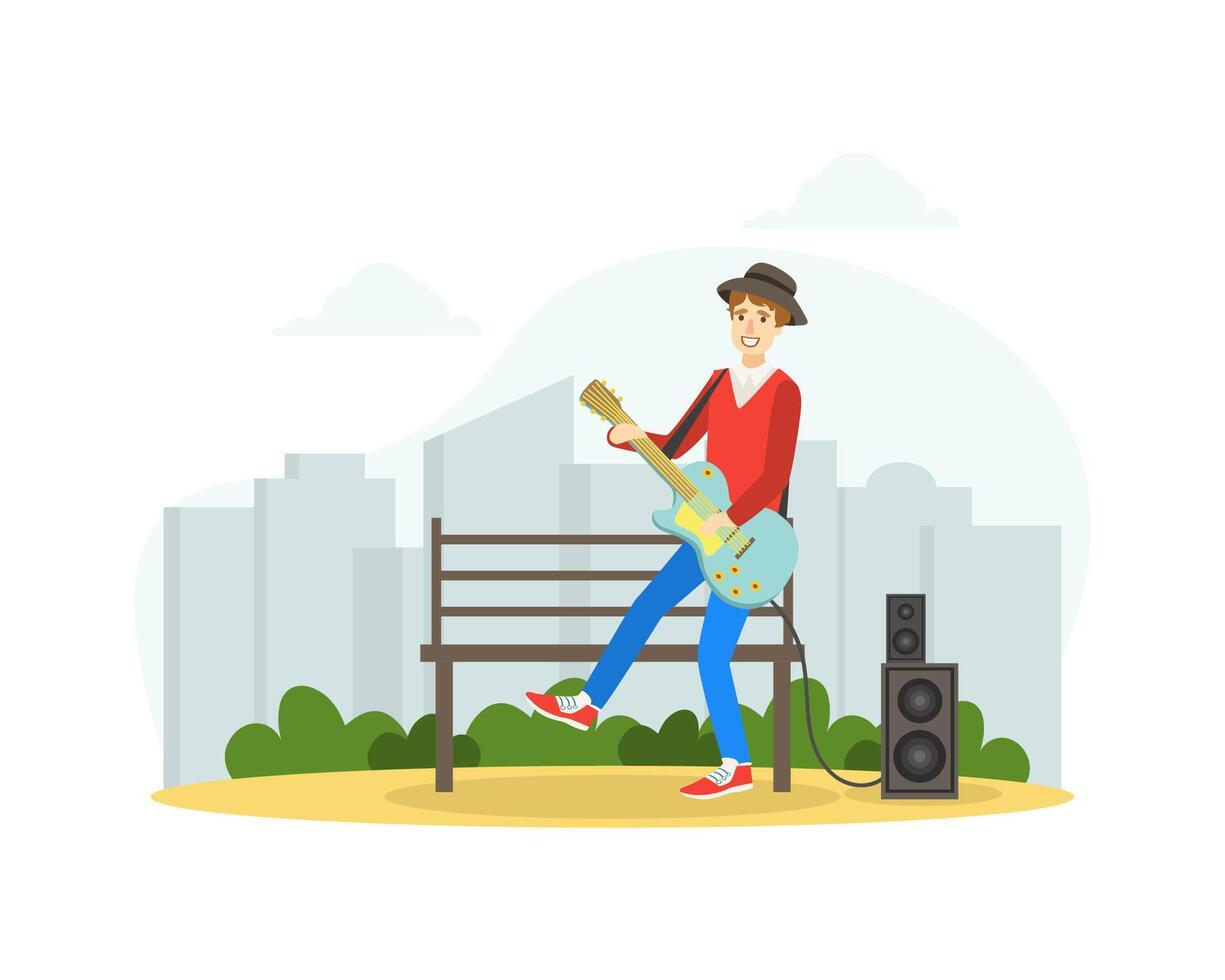 Street Performance, Male Street Musician Sitting on Bench and Playing Guitar, Creative People Profession or Hobby Illustration vector