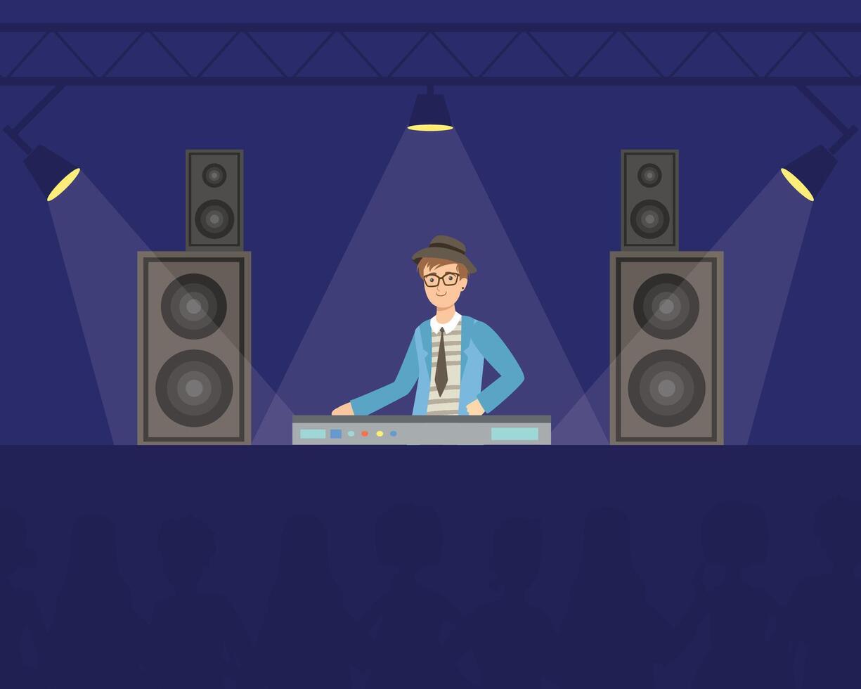 DJ in Headphones Mixing Music Playing Music on Mixer Console Deck, Creative People Profession or Hobby Illustration vector