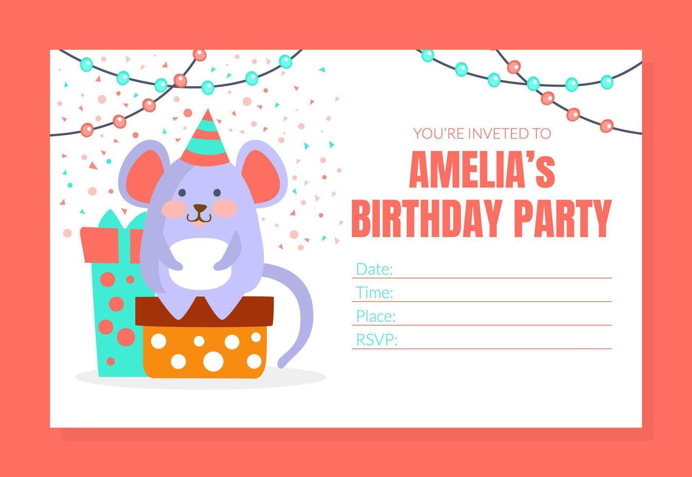 Kids Birthday Party Invitation Card Template with Cute Mouse Animal and Space for Text Illustration vector