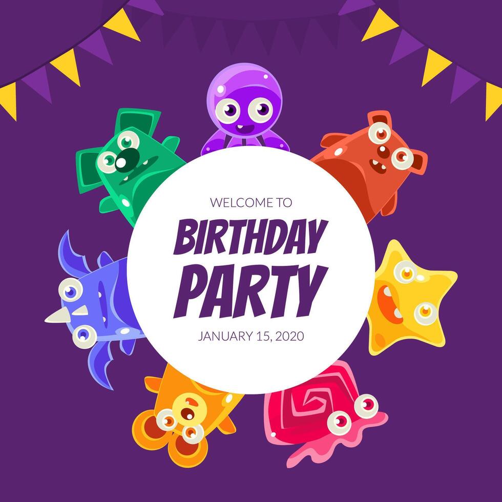 Welcome Birthday Party Banner Template, Invitation Card, Poster with Cute Funny Jelly Monsters illustration vector
