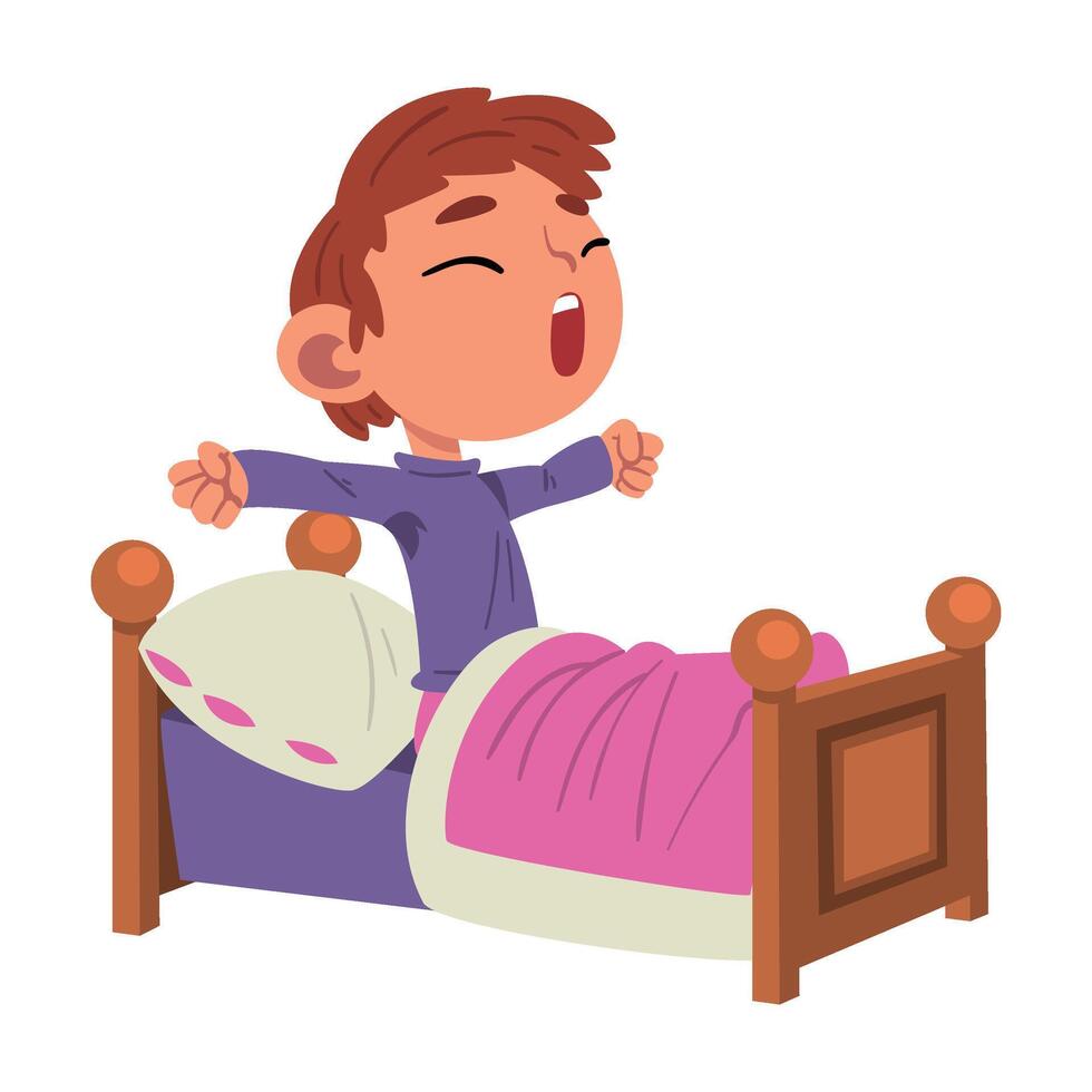 Cute Boy Waking Up, Preschool Kid Daily Routine Activity Cartoon Illustration vector