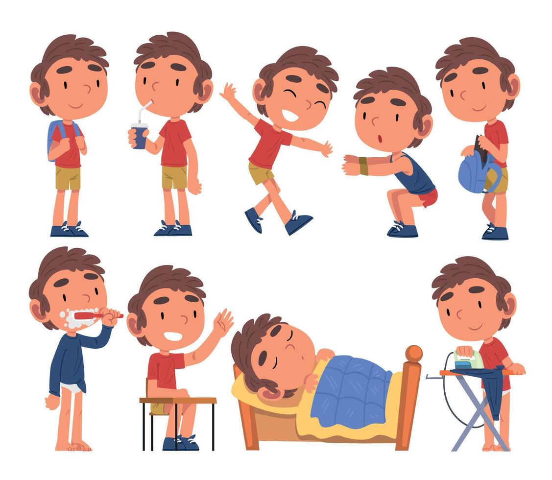 Schoolboy Daily Routine Activities Collection, Cute Boy Waking Up, Brushing his Teeth, Eating, Studying, Sleeping at Night Cartoon Illustration vector