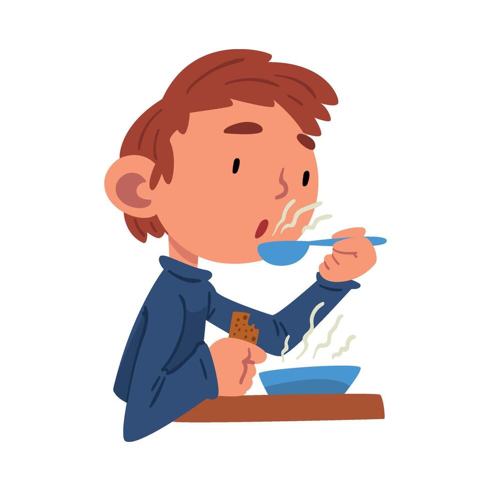 Cute Boy Having Lunch, Preschool Kid Daily Routine Activity Cartoon Illustration vector