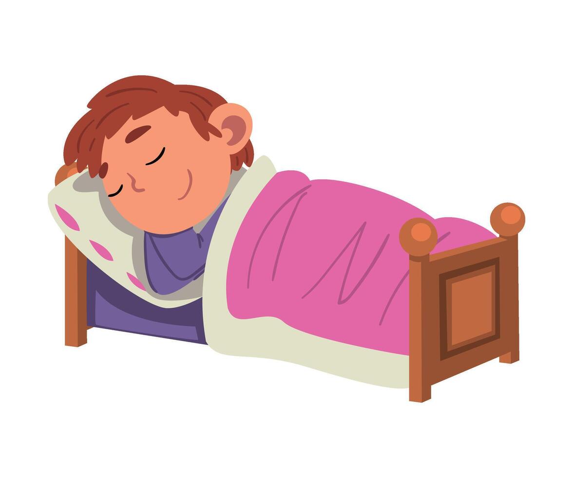 Cute Boy Sleeping in His Bed, Preschool Kid Daily Routine Activity Cartoon Illustration vector