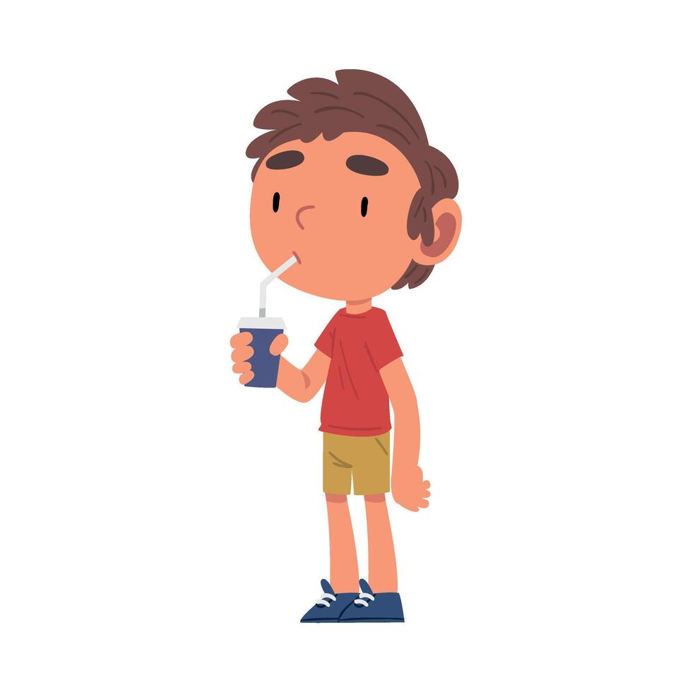 Boy Drinking Soda Drink from Paper Cup through Straw, Schoolboy Daily Routine Activity Cartoon Illustration vector