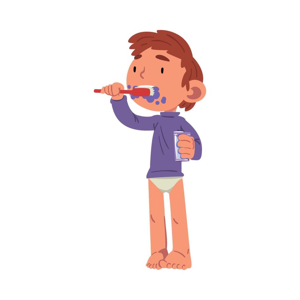 Cute Boy Brushing his Teeth in Bathroom Before Bedtime, Preschool Kid Daily Routine Activity Cartoon Illustration vector