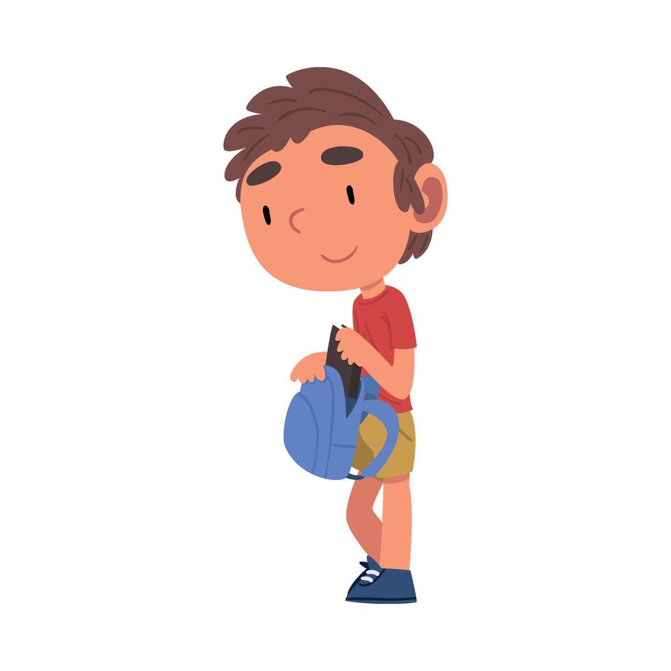 Boy Standing with Backpack, Schoolboy Daily Routine Activity Cartoon Illustration vector
