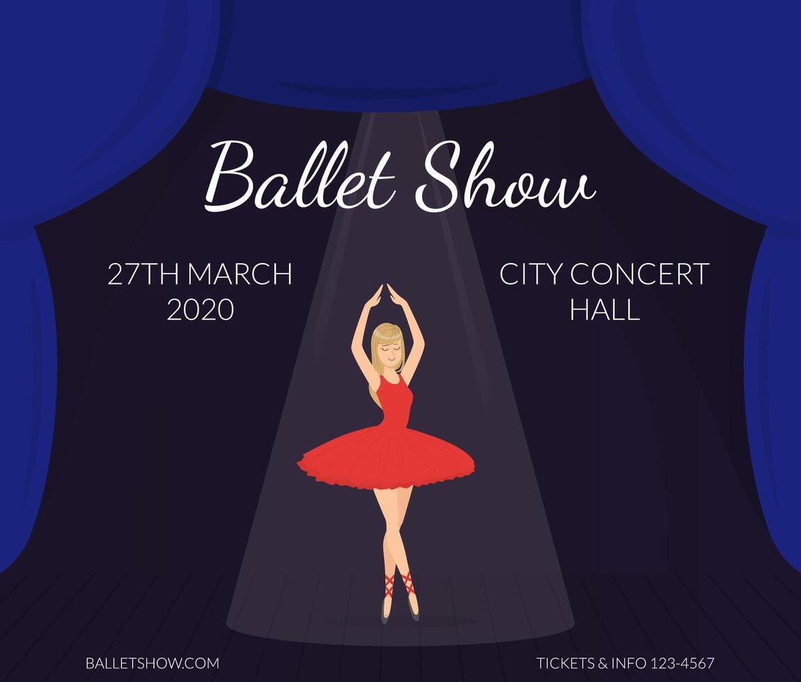 Ballet Show Banner Template, Ballerina Dancer in Red Dress Performing on Stage, Poster, Invitation Card Illustration vector