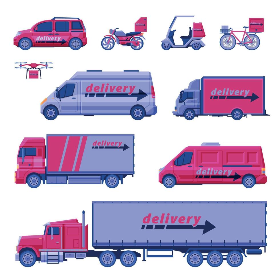 Delivery Vehicles Collection, Express Delivery Service, Cargo Shipping Transportation Flat Illustration vector