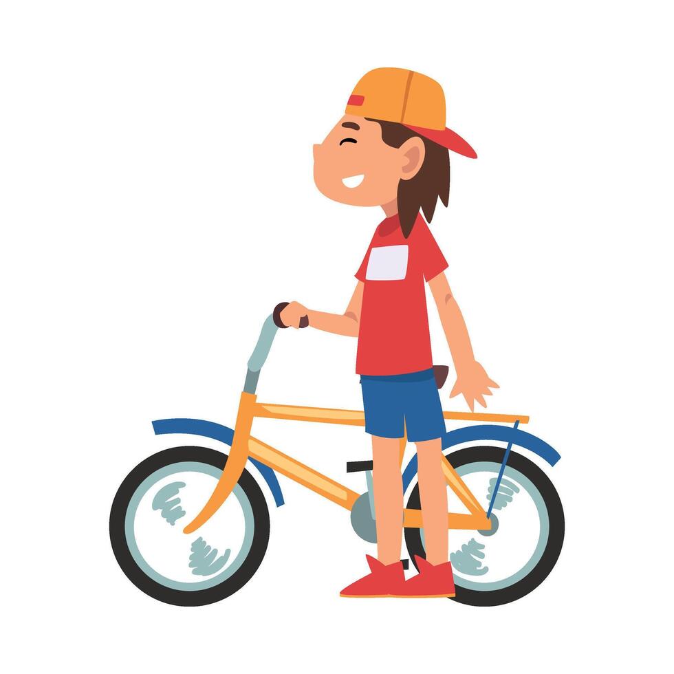 Boy in Baseball Cap Standing with Bike, Teenager Bicyclist, Side View, Summer Outdoor Activity Cartoon Illustration vector