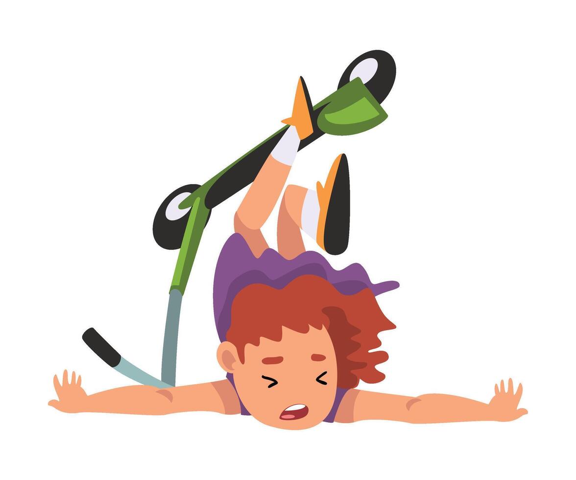 Girl Falling off Kick Scooter, Eco Transport for Children, Summer Outdoor Activity Cartoon Illustration vector