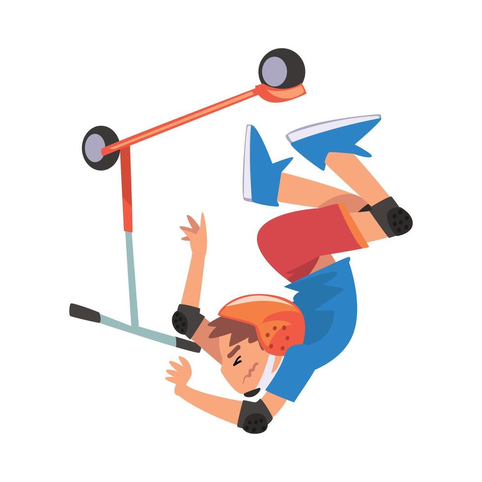 Boy Falling off Kick Scooter, Eco Transport for Children, Summer Outdoor Activity Cartoon Illustration vector