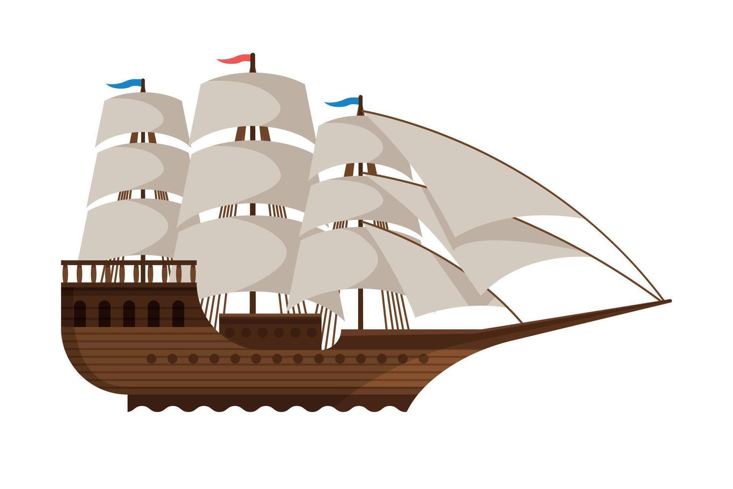 Vintage Sailing Ship, Side View, Water Transport, Sea or Ocean Transportation Illustration vector