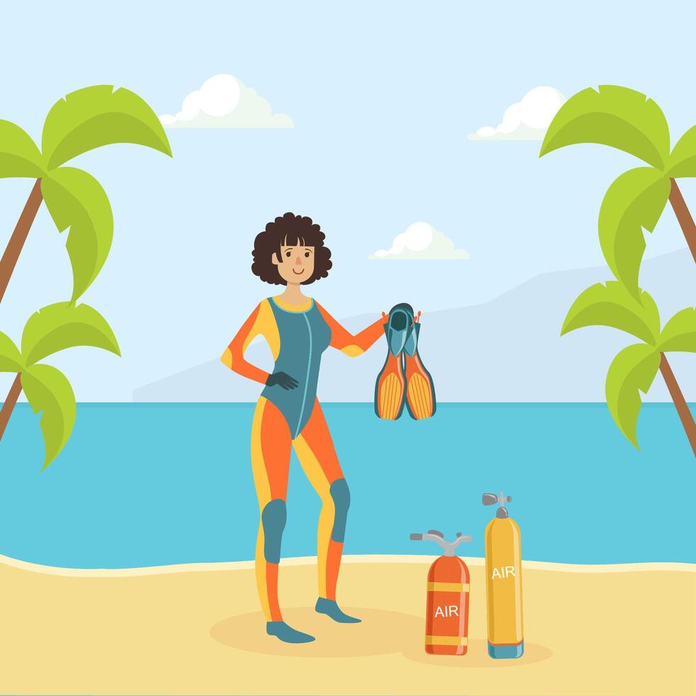 Female Scuba Diver in Diving Suit and Flippers Standing on Tropical Beach, Water Active Sport, Summer Vacation Illustration vector