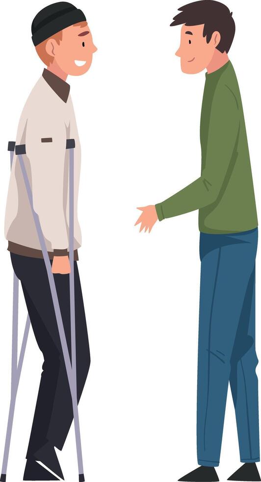 Disabled Man with Crutches Meeting with His Friend, Handicapped Man Receiving Support and Having Good Time, Person Enjoying Full Life Illustration vector