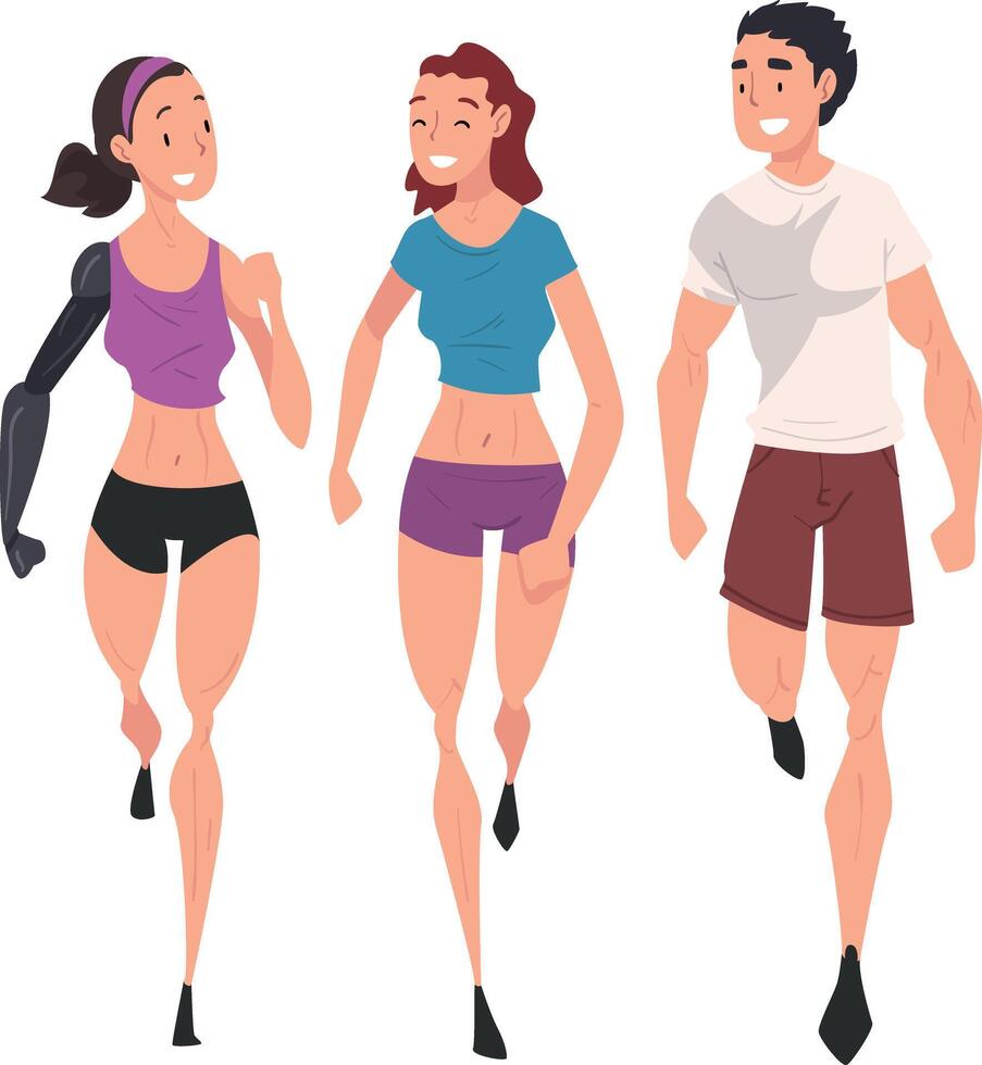 Disabled Girl with Arm Prosthesis Doing Sports with Her Friends, Handicapped Woman Receiving Support and Having Good Time, Person Enjoying Full Life Illustration vector