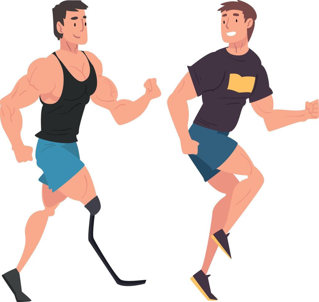 Disabled Man Running with His Friend, Handicapped Man Doing Sports and Having Good Time, Person Enjoying Full Life Illustration vector