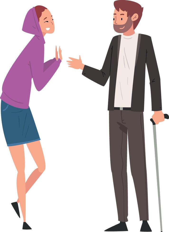 Disabled Man with Walking Cane Meeting and Having Good Time with His Friend, Person Enjoying Full Life Illustration vector