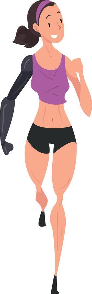 Disabled Young Woman Running, Female Athlete Character with Bionic Arm Prosthesis Jogging, Front View Illustration vector