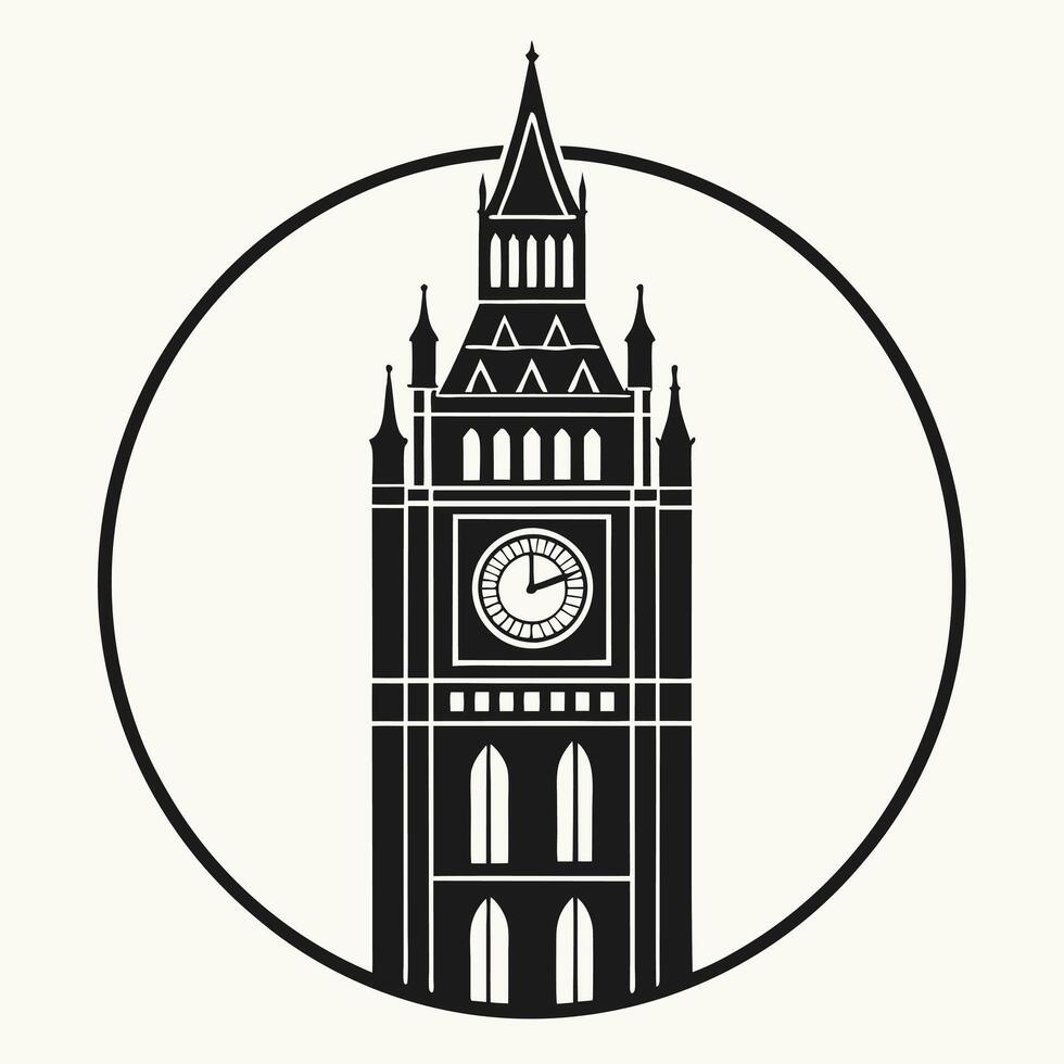 Black Silhouette of Clock Tower Elegant Architecture Design vector
