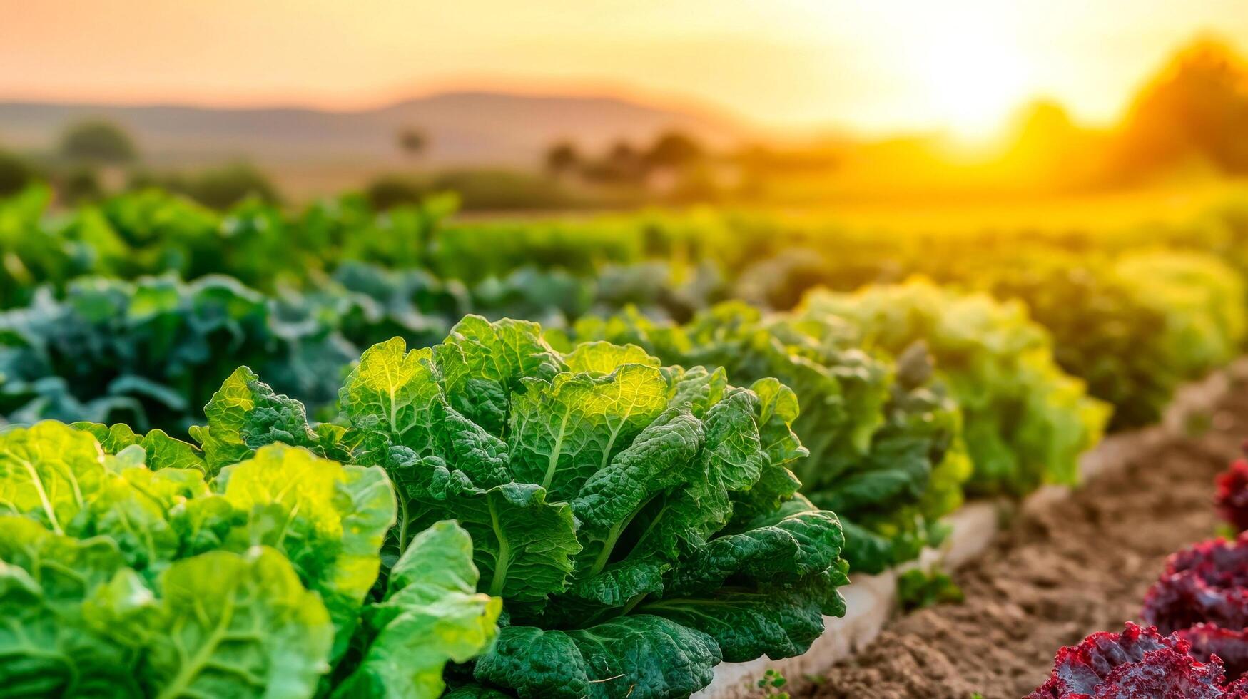 Vibrant vegetable garden with lush, healthy plants illuminated by golden sunlight, showcasing tranquil nature photo