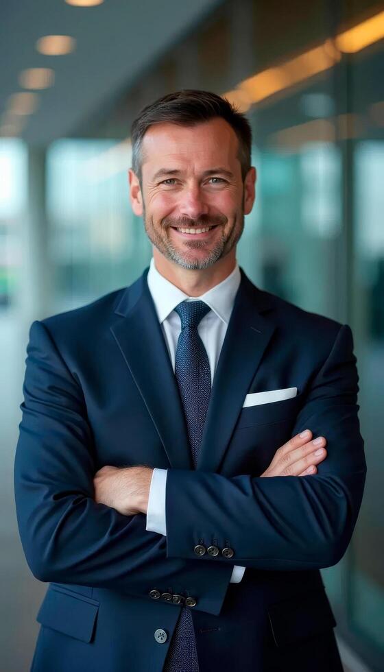 A professional person in a suit with arms crossed, standing against a blurred office background, exuding confidence and formality photo