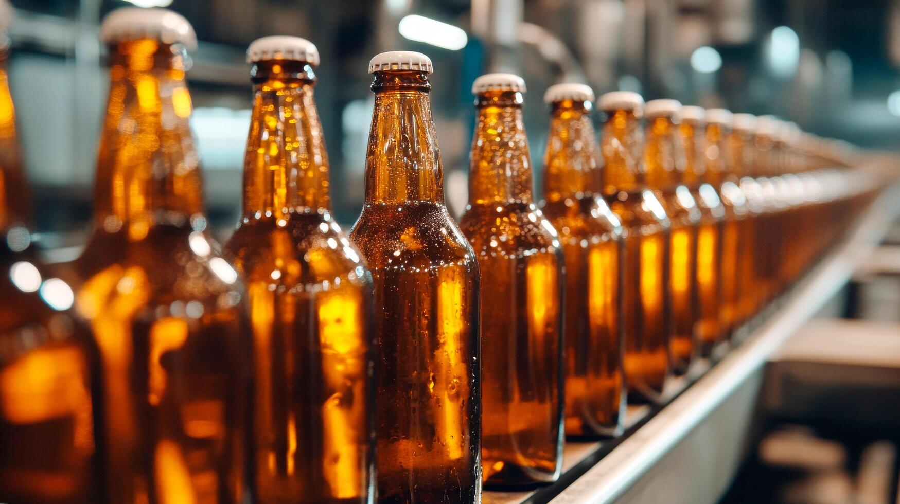 Bottling line in a brewery with amber glass beer bottles, illustrating industrial production process photo
