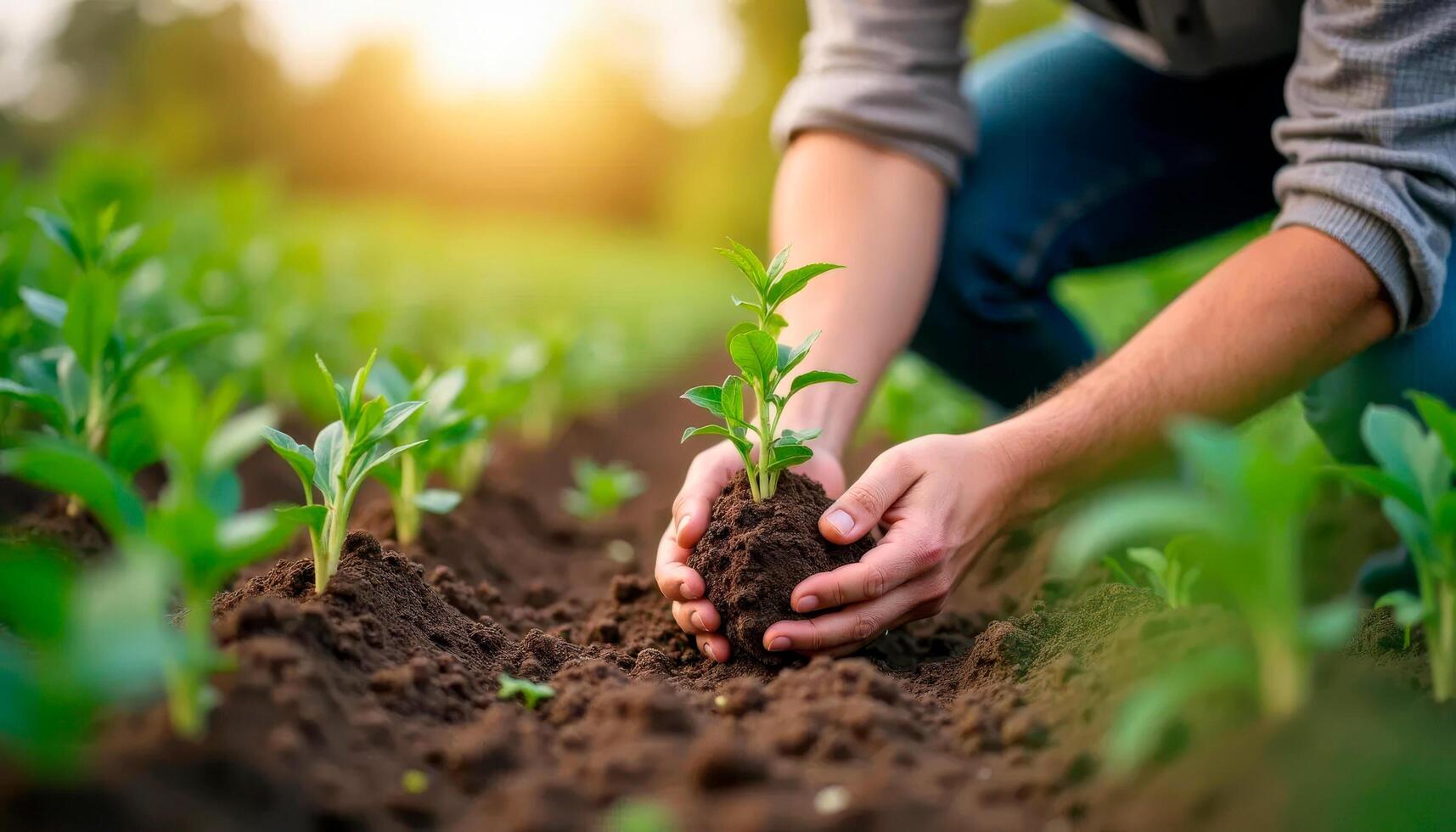 Farmer planting young seedling in soil at sunrise in a green field photo