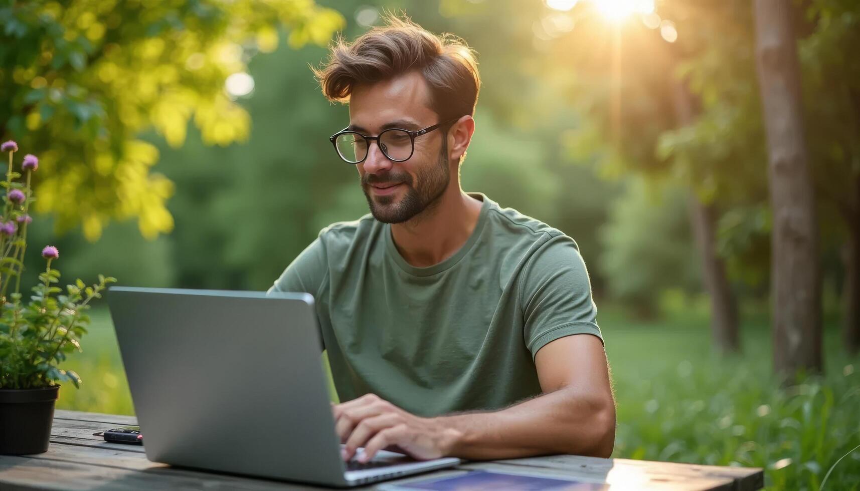 Eco-conscious freelancer working remotely in nature, laptop on solar-powered desk, green outdoor workspace, sustainability concept photo