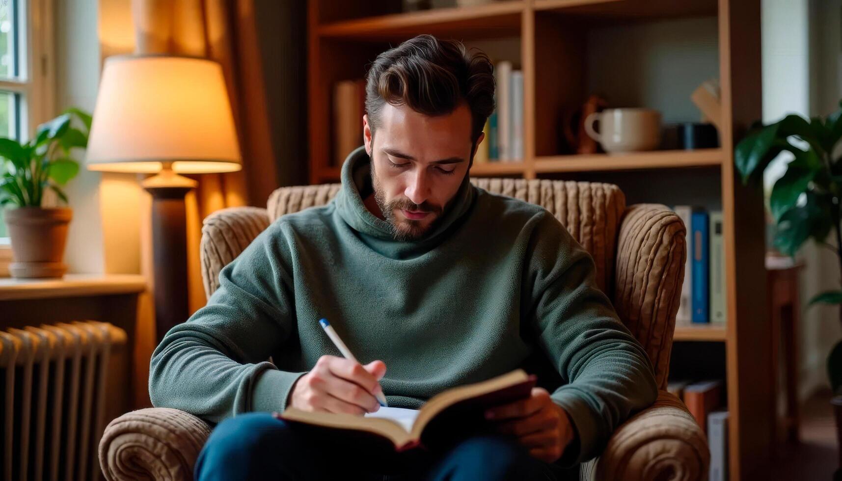 Man sitting in a cozy chair journaling thoughts, self-reflection and mental health awareness photo