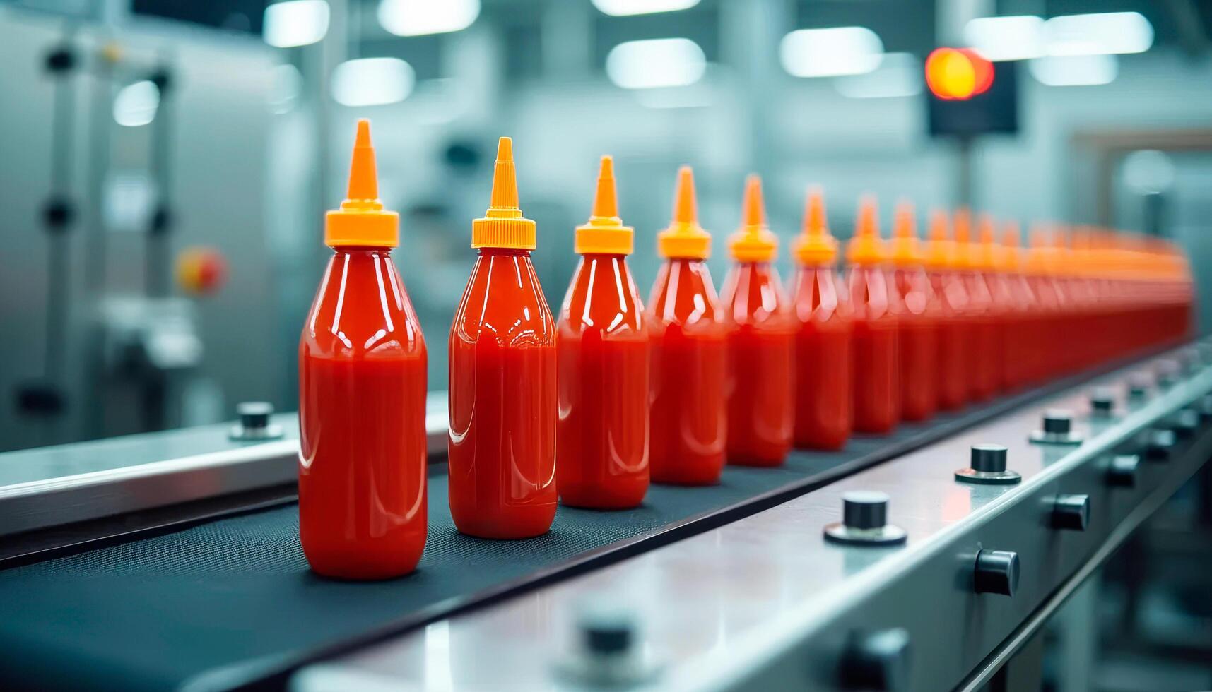 Red sauce bottles with yellow caps on a conveyor belt in a modern automated factory, primed for packaging photo