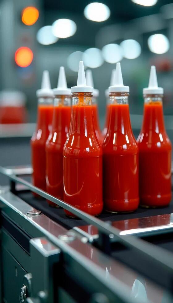 Bottles of red sauce, likely ketchup, placed on a conveyor belt in a modern food production factory photo