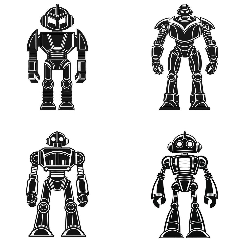 Collection of Minimalist Robot Silhouettes in Black vector
