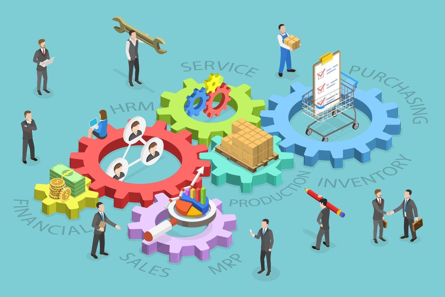 3D Isometric Flat Conceptual Illustration of ERP, Integrated Management of Main Business Processes, Enterprise Resource Planning, vector