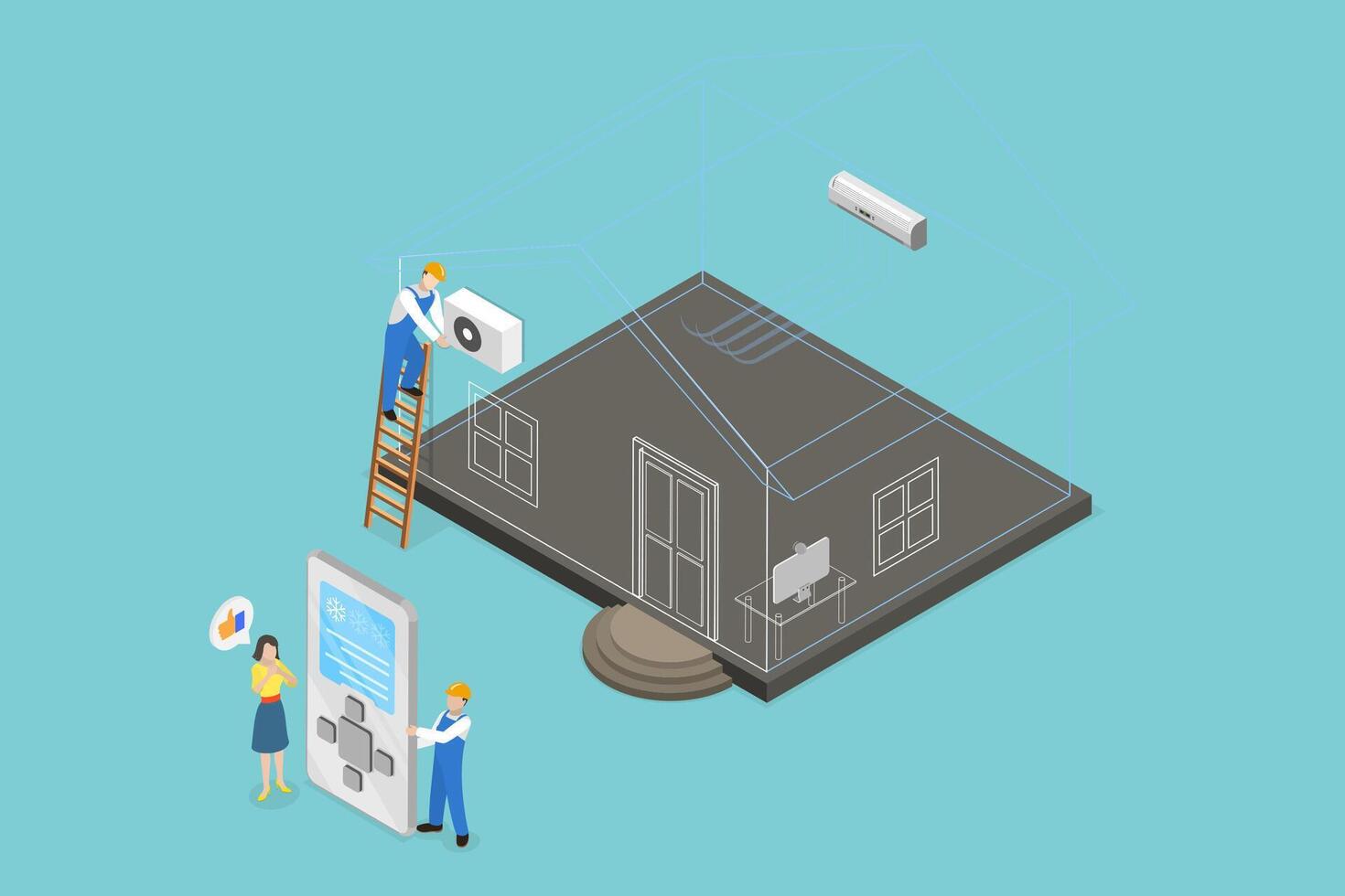3D Isometric Flat Conceptual Illustration of Air Conditioning System, AC Installation or Repairing vector