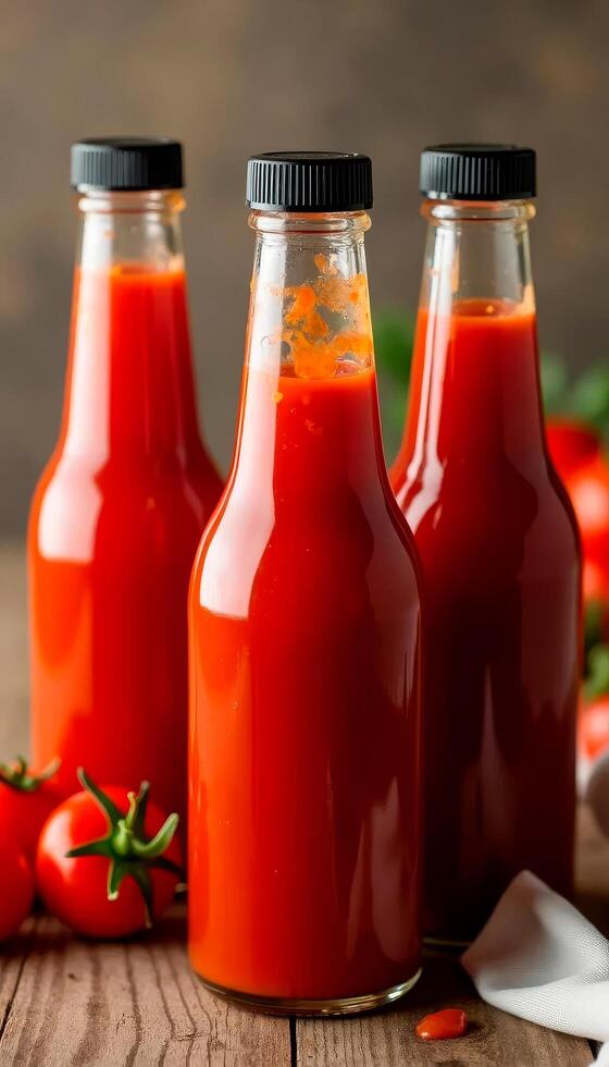Three glass bottles filled with vibrant red liquid on a wooden surface, accompanied by fresh tomatoes and a cloth, suggesting natural produce photo