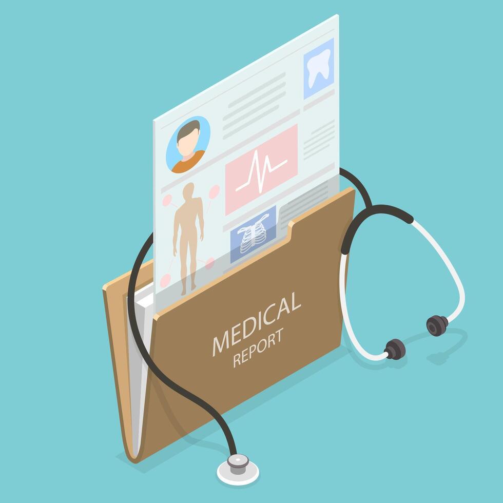 3D Isometric Flat Conceptual Illustration of Medical Report, EHR, Electronic Health Record vector