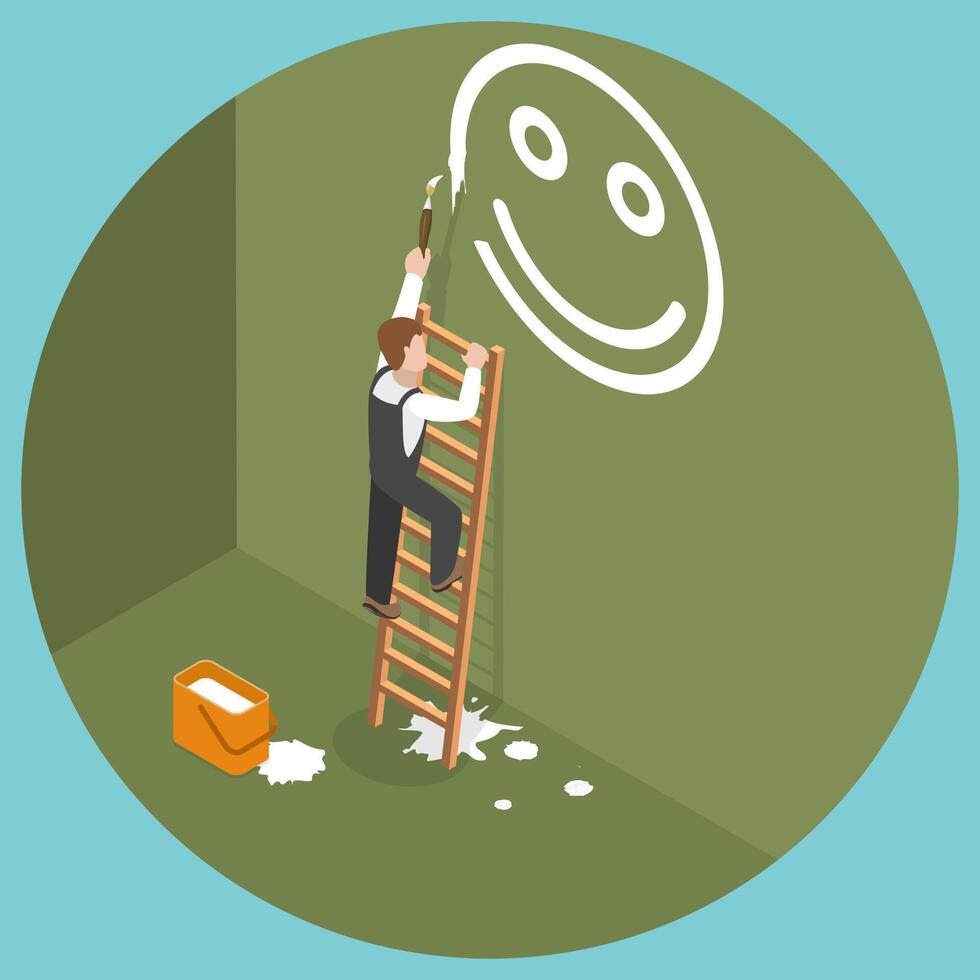 3D Isometric Flat Conceptual Illustration of Positive Attitude, Joyful and Optimistic Thinking vector