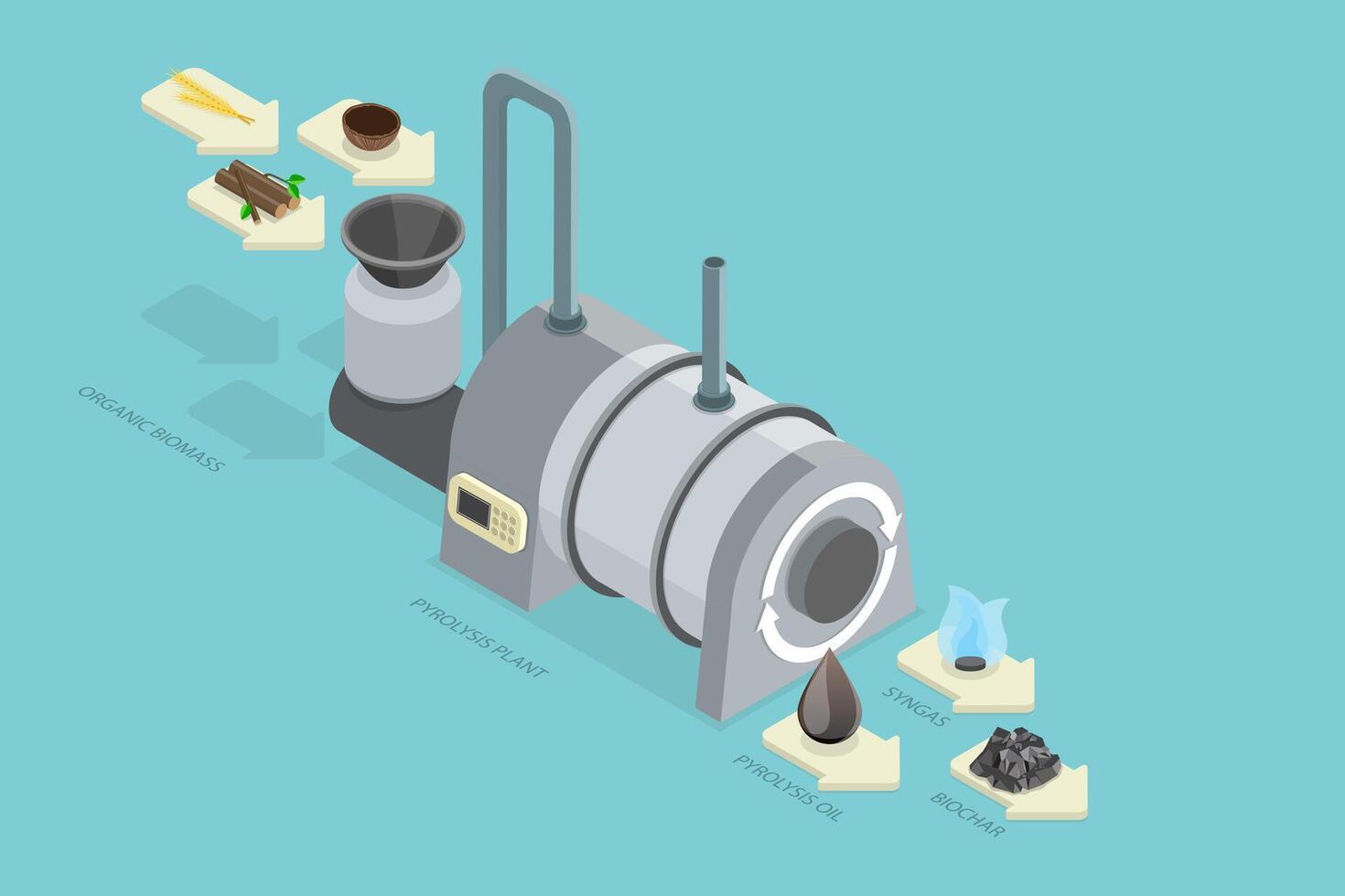 3D Isometric Flat Conceptual Illustration of Biochar Production, Lightweight Black Residue, Made of Carbon and Ashes, Pyrolysis of Biomass vector
