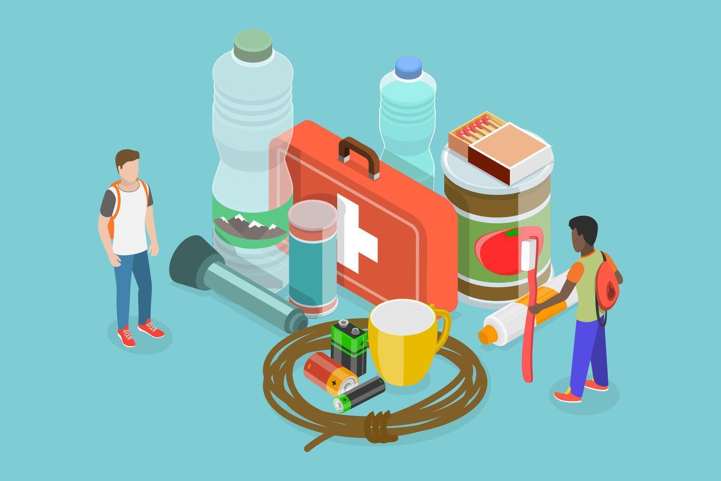 3D Isometric Flat Conceptual Illustration of Emergency Kit, Disaster-preventive Items Set vector