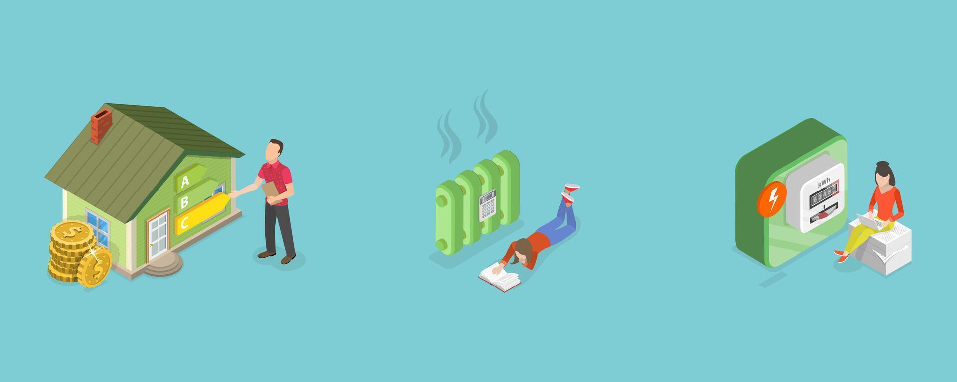 3D Isometric Flat Conceptual Illustration of Home Energy Efficiency, Low Heating Resource Consumption vector