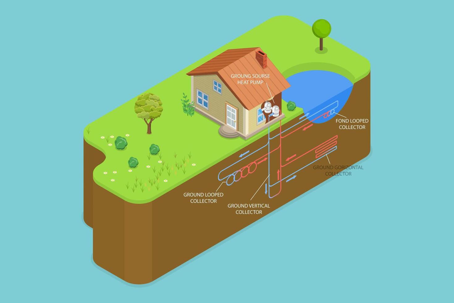 3D Isometric Flat Conceptual Illustration of Underground Thermal Heating, Geothermal Energy as Green Electricity Power vector
