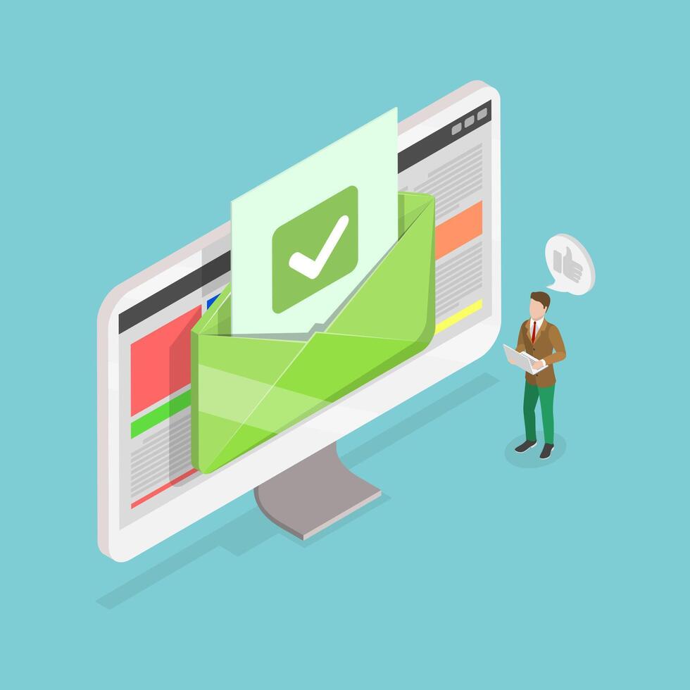 3D Isometric Flat Conceptual Illustration of Confirmation E-mail, Approved Online Document or Message Notice vector